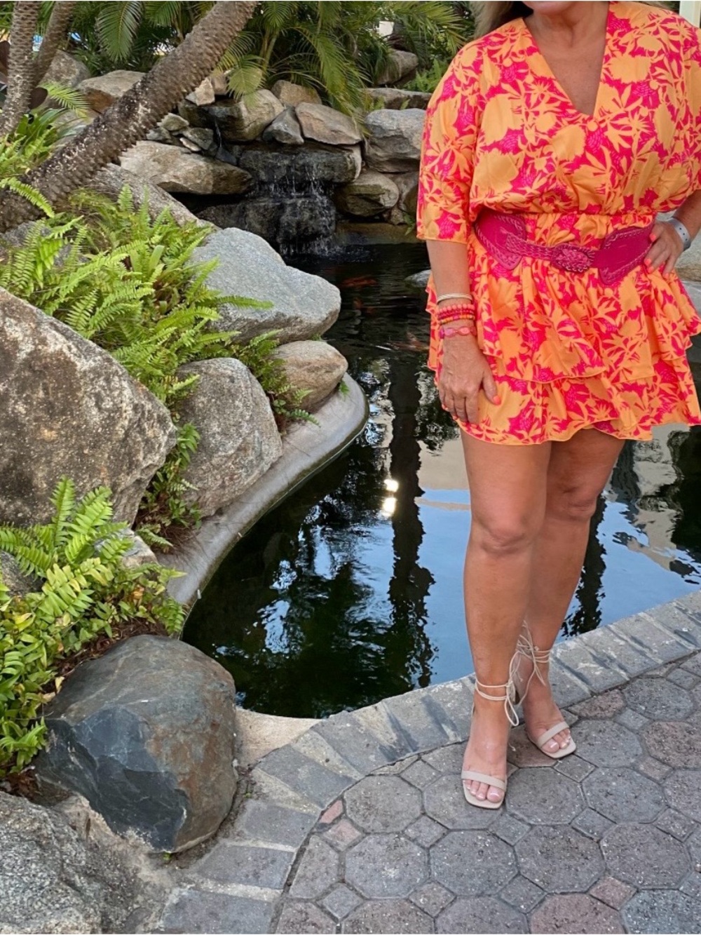 Vibrant Orange and Pink Floral Wrap Mini Dress